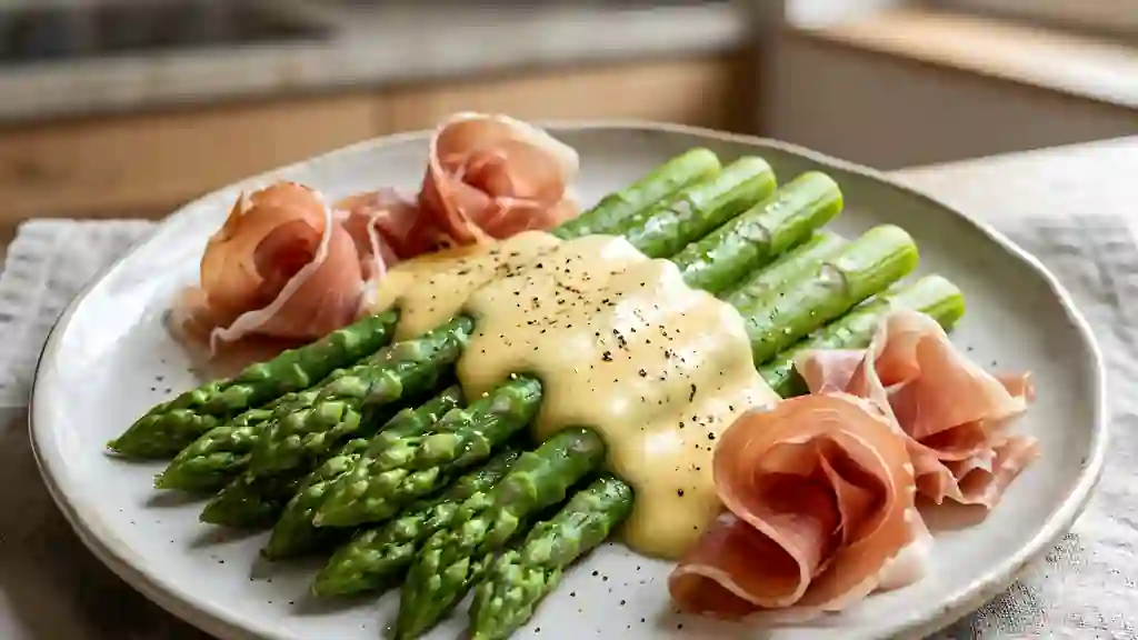 Asperges, mousseline aérienne et jambon - Photo de présentation