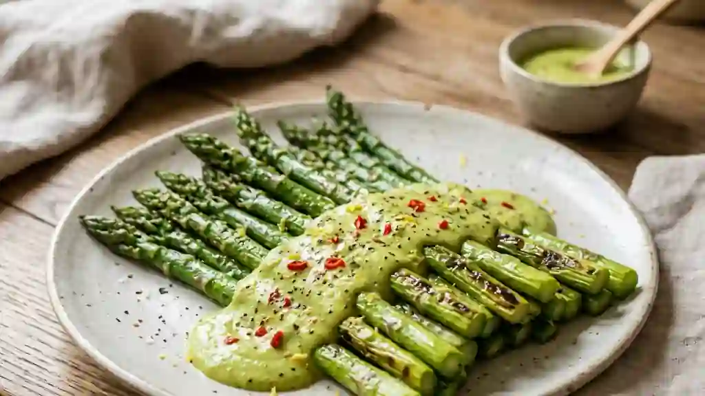 Asperges croquantes et crème d'avocat pimentée - Photo de présentation