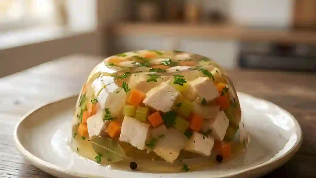 Aspic de poulet fondant aux petits légumes - Photo de présentation