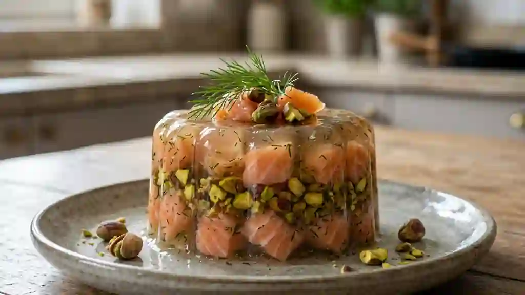Aspic de saumon fondant et pistaches croquantes - Photo de présentation
