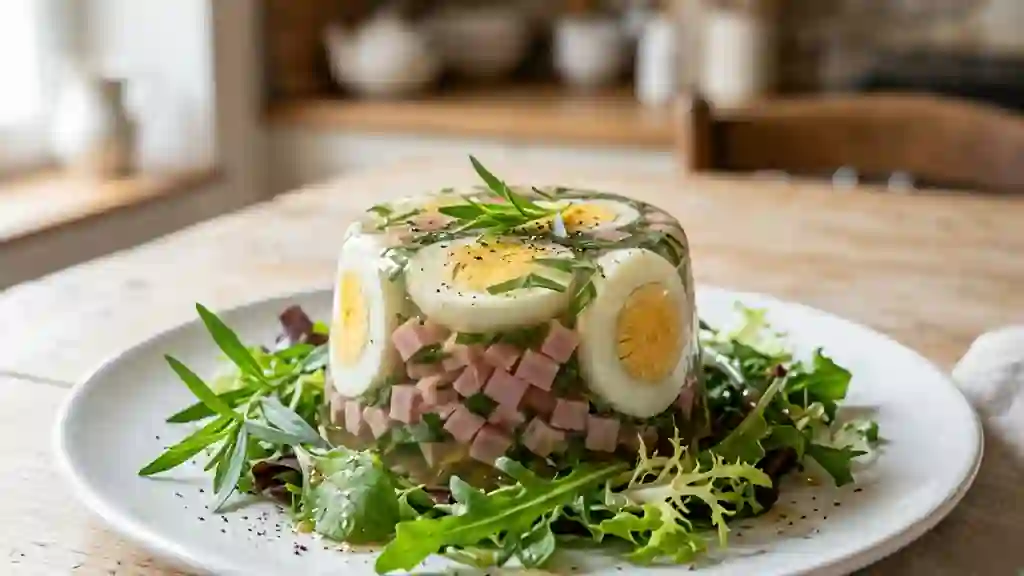 Aspic d'œufs au jambon et estragon frais - Photo de présentation