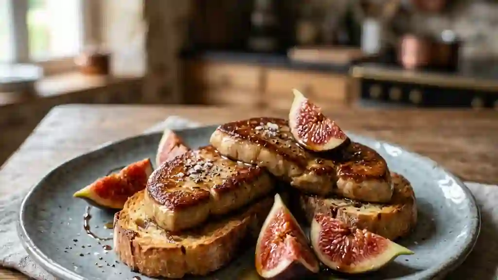 Foie gras poêlé aux figues et miel acidulé - Photo de présentation