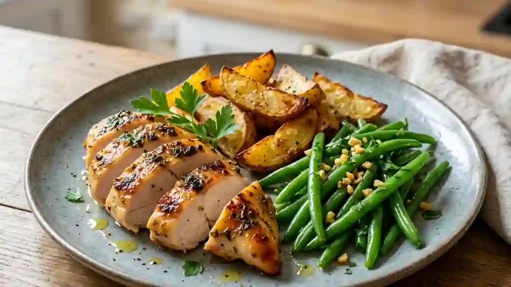 Poulet juteux et poêlée de légumes à l'ail - Photo de présentation