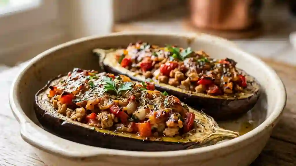 Aubergine farcie fondante à la volaille - Photo de présentation