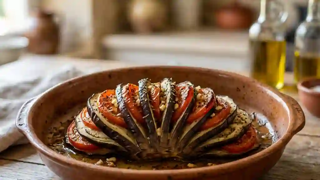 Aubergines en éventail fondantes à l'ail - Photo de présentation