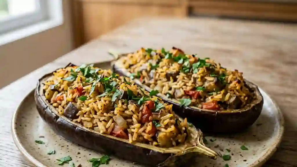 Aubergines fondantes au riz épicé - Photo de présentation