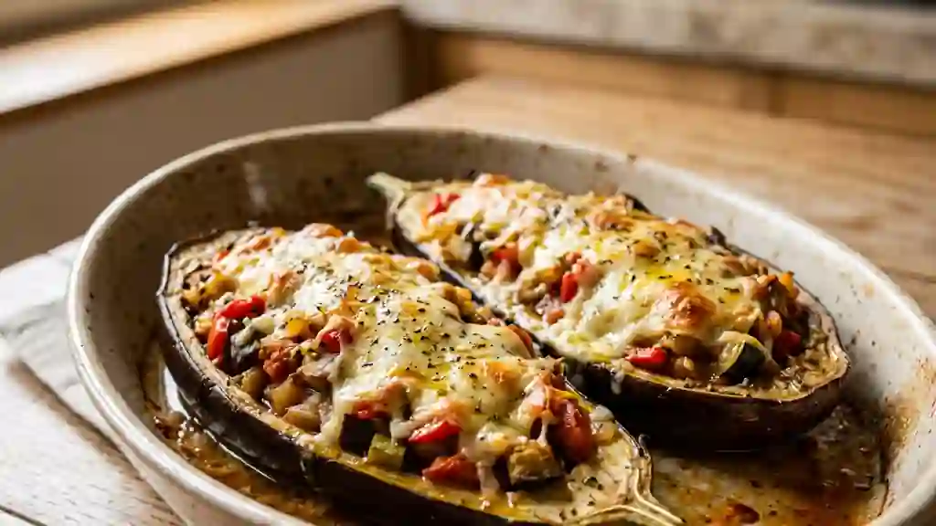 Aubergines farcies aux légumes et fromage fondu - Photo de présentation