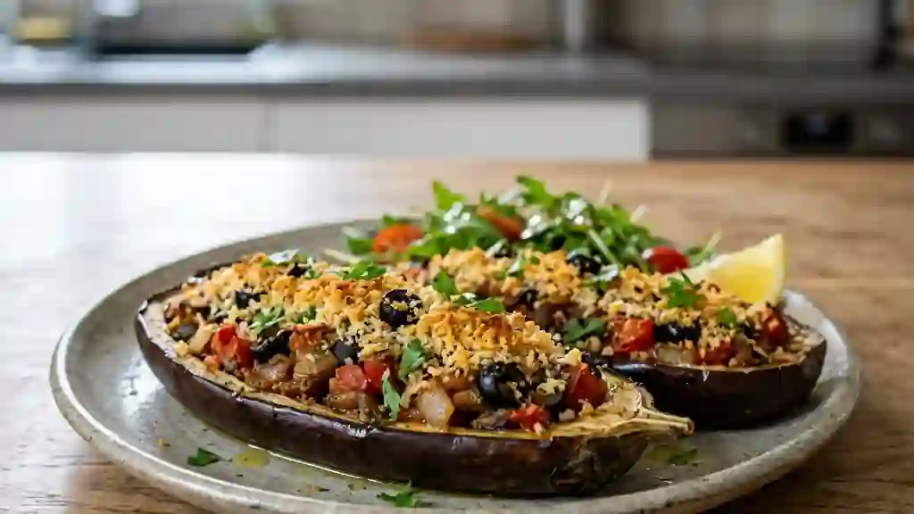 Aubergines farcies fondantes aux olives noires - Photo de présentation