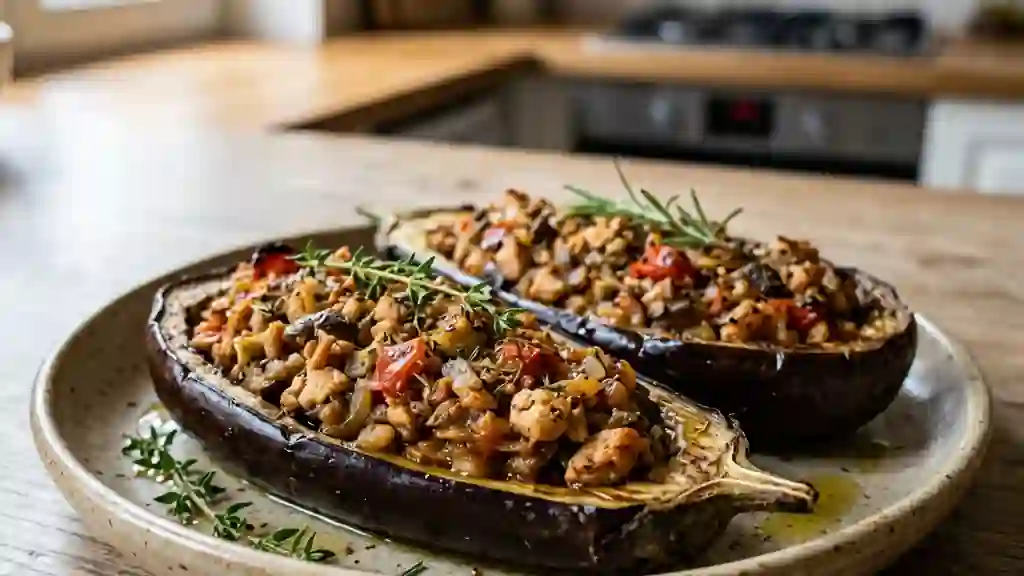 Aubergines fondues farcies au poulet et herbes - Photo de présentation