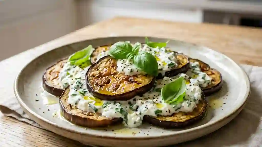 Aubergines fondantes au basilic et fromage blanc - Photo de présentation