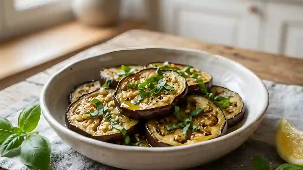 Aubergines fondantes citronnées au basilic - Photo de présentation