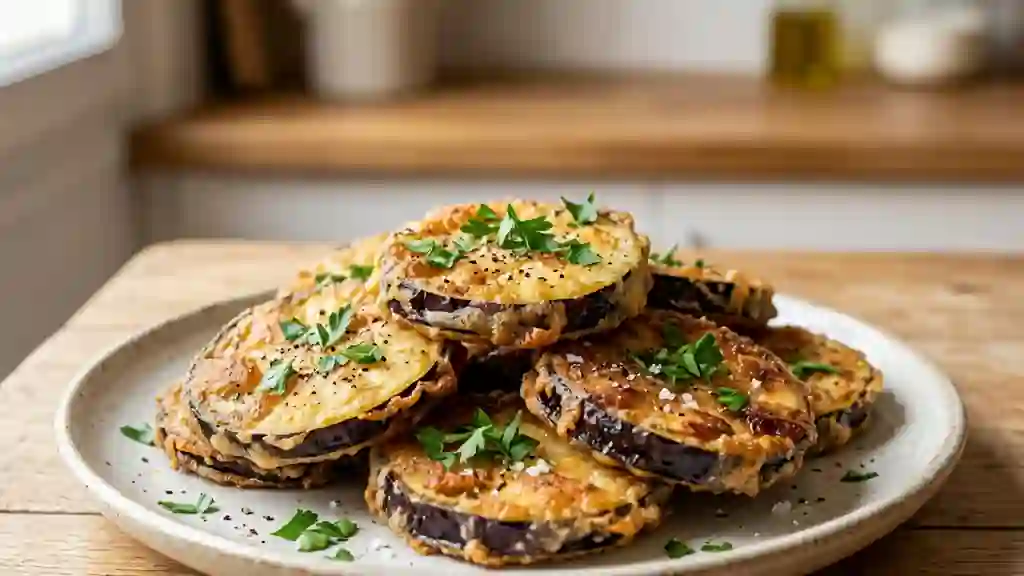 Rondelles d'aubergines frites au persil frais - Photo de présentation