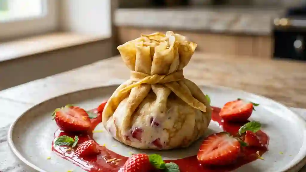 Aumônière fondante aux fraises et coulis frais - Photo de présentation