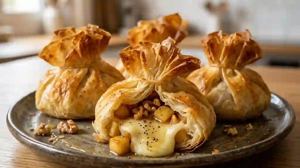 Aumônières croustillantes au camembert et miel - Photo de présentation
