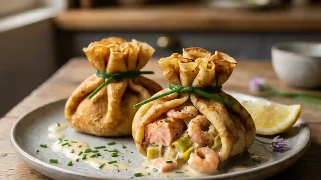 Fines aumônières au saumon et poireaux fondants - Photo de présentation