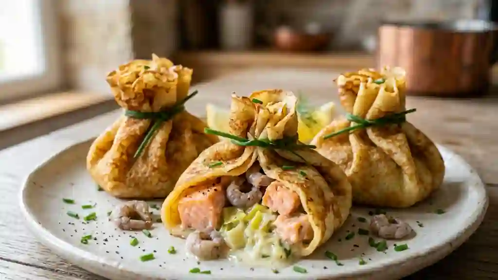 Aumônières craquantes au saumon et crevettes - Photo de présentation