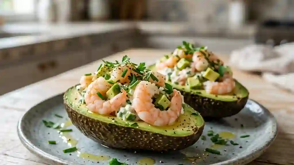 Avocats farcis crevettes et herbes fraîches - Photo de présentation