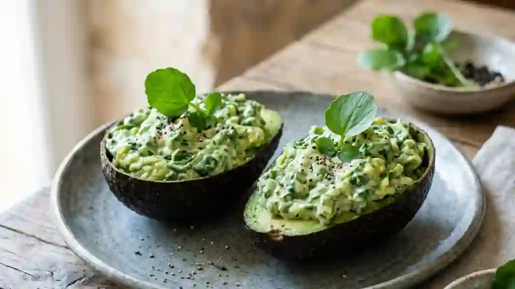 Avocats fondants et crème de cresson poivrée - Photo de présentation