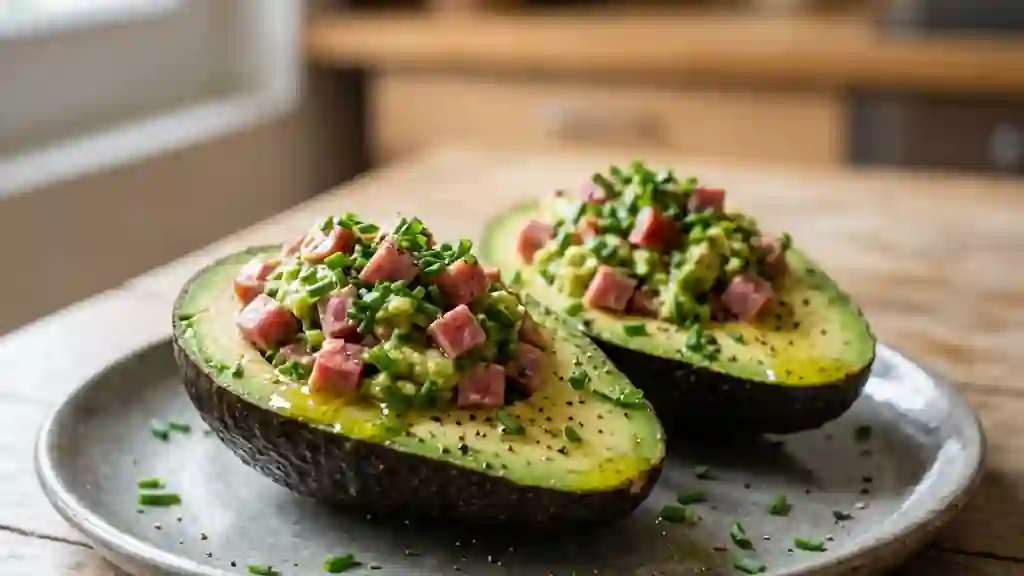 Avocats fondants farcis au cervelas moutardé - Photo de présentation