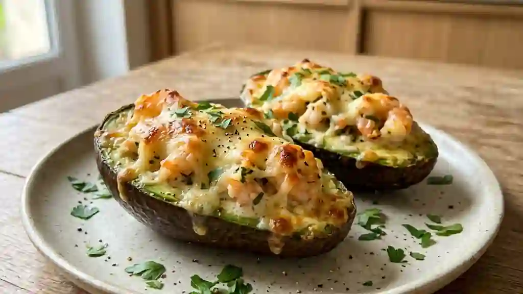 Avocats rôtis, crevettes et fromage fondu - Photo de présentation