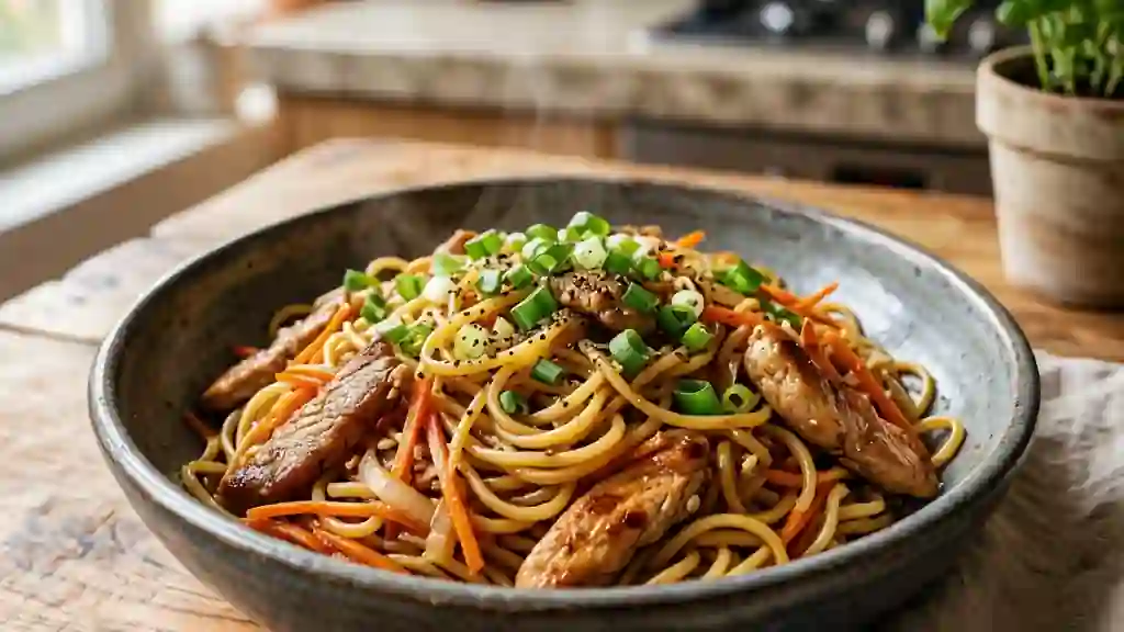 Bami Sauté au Poulet et Porc Croustillant - Photo de présentation