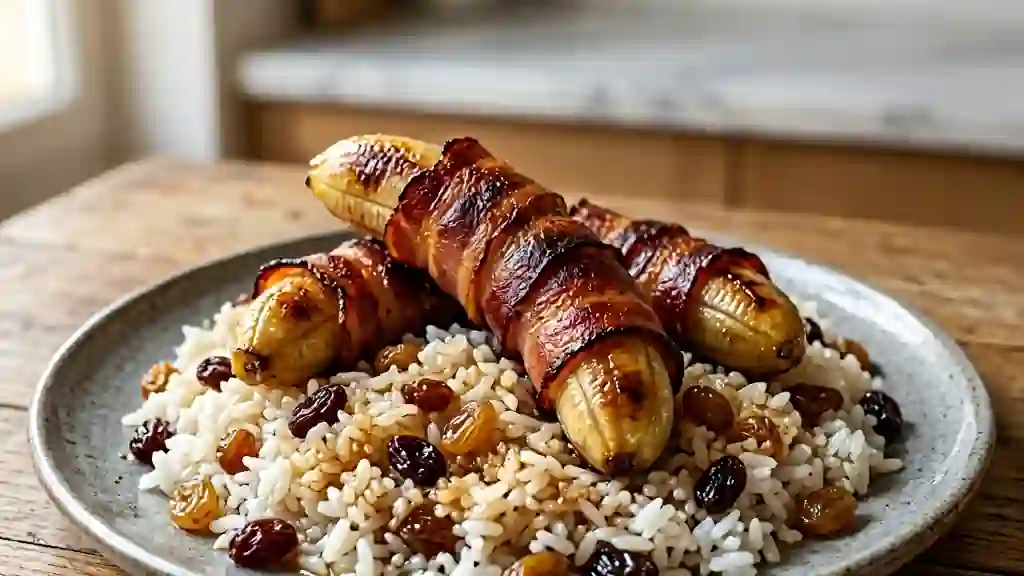 Bananes au bacon croustillant & riz sucré-salé - Photo de présentation
