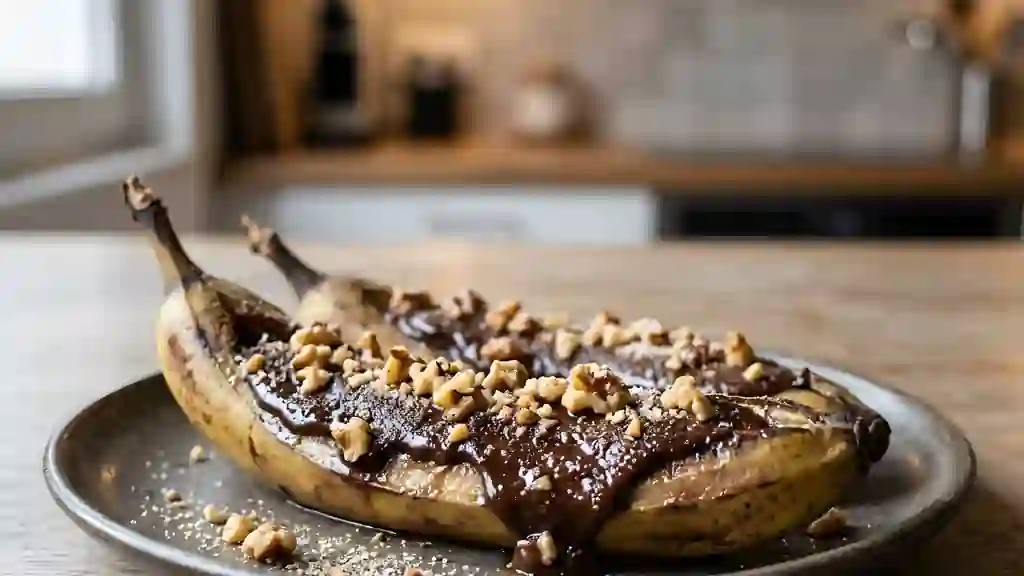 Bananes rôties, ganache fondante et noix - Photo de présentation
