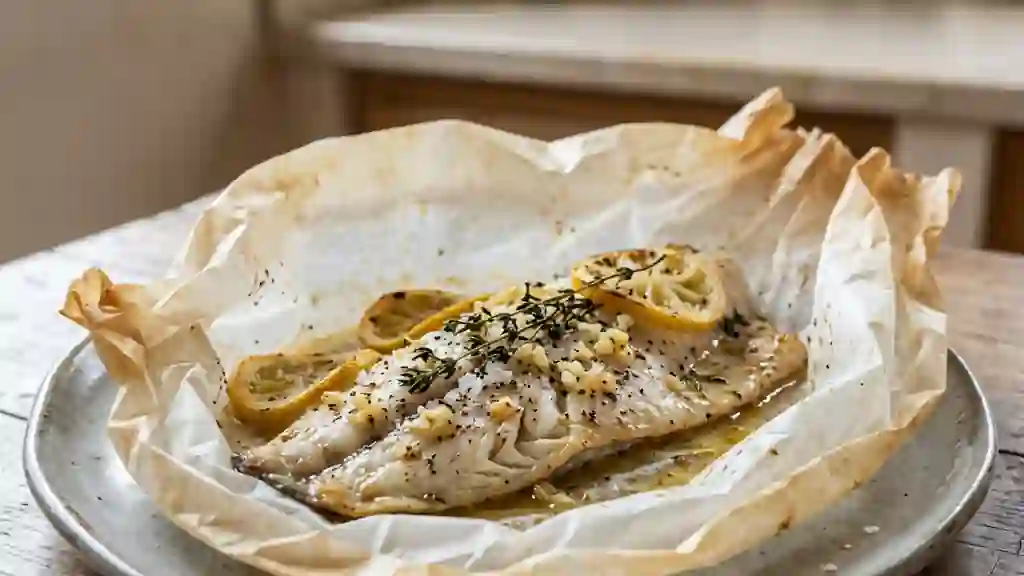 Bar fondant au citron et thym en papillote - Photo de présentation