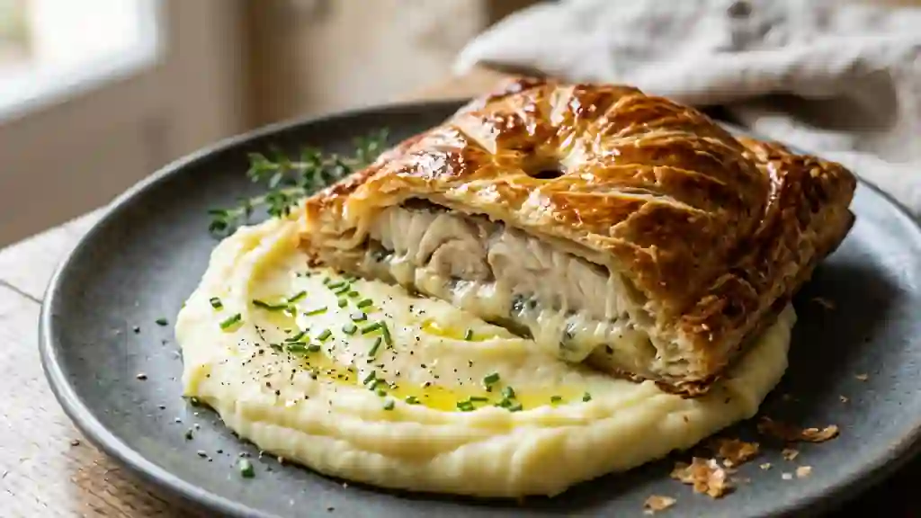 Bar feuilleté au roquefort et purée onctueuse - Photo de présentation