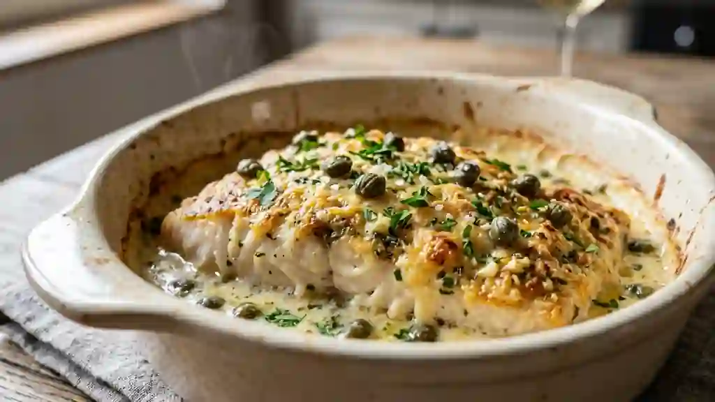 Filet de bar gratiné, crème citronnée aux câpres - Photo de présentation