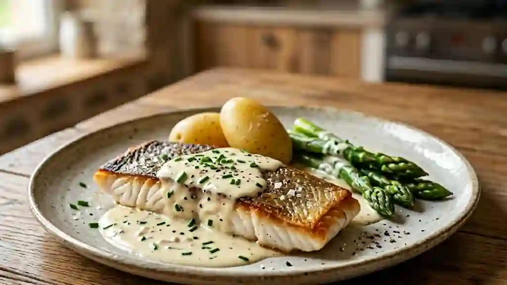 Filet de bar croustillant et sa crème ciboulette - Photo de présentation