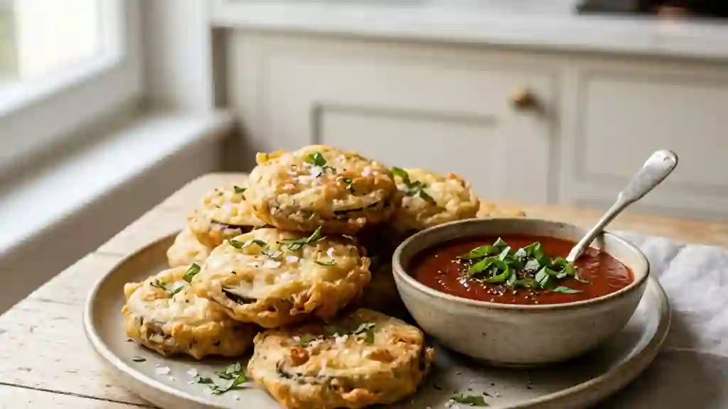 Beignets d'aubergines dorés et coulis basilic - Photo de présentation