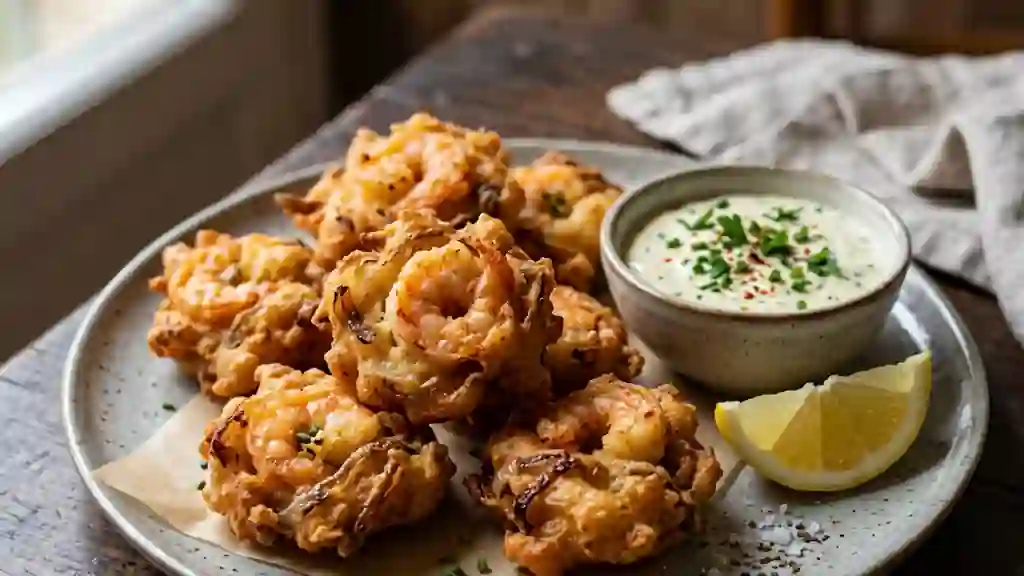 Beignets de crevettes dorés et oignons sucrés - Photo de présentation