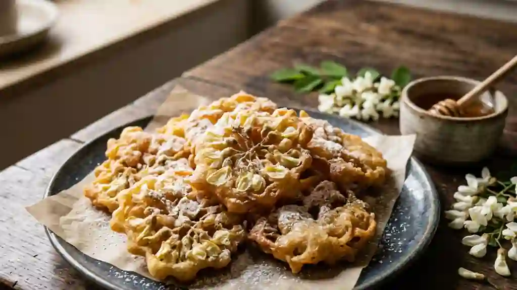 Beignets de fleurs d'acacia dorés et légers - Photo de présentation