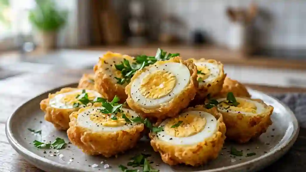 Beignets d'œufs durs dorés et croustillants - Photo de présentation