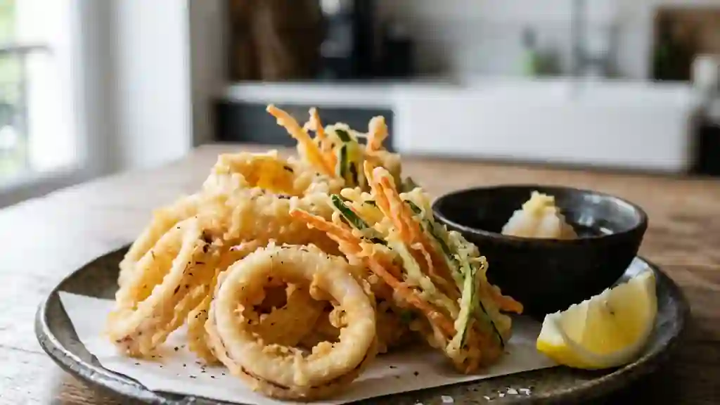 Tempura croustillant calamar et légumes - Photo de présentation