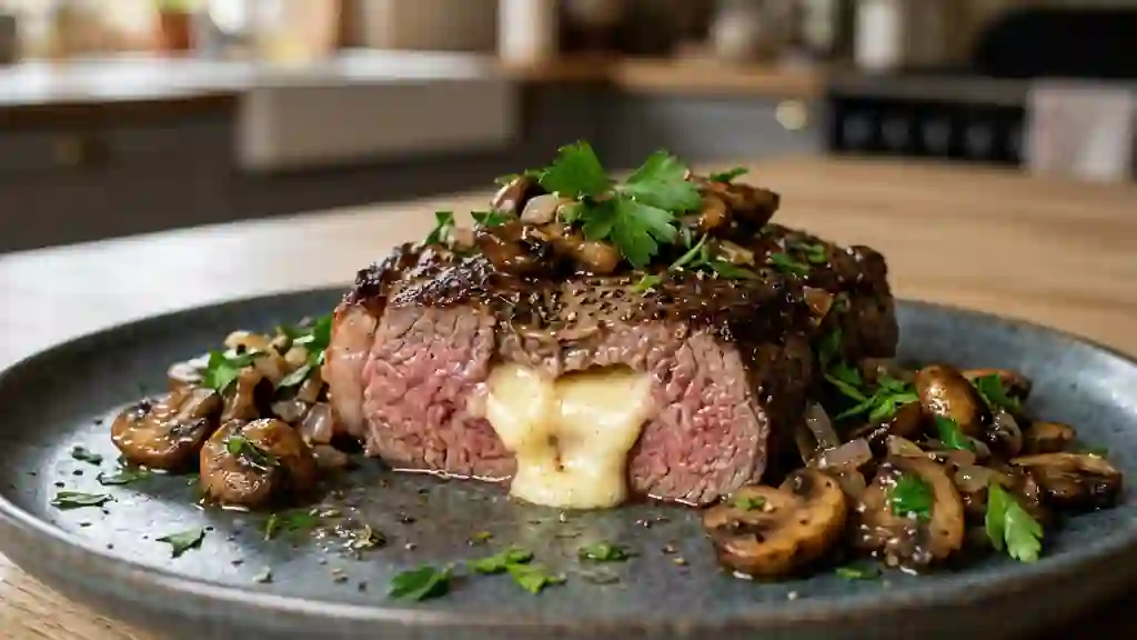 Steak cœur coulant aux champignons sautés - Photo de présentation