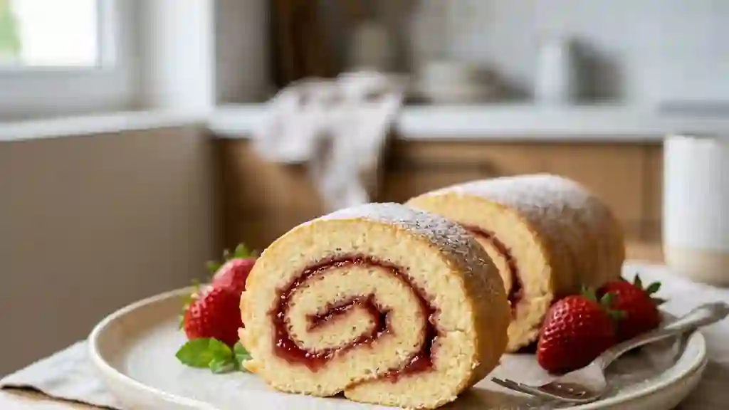 Génoise roulée fondante à la fraise - Photo de présentation