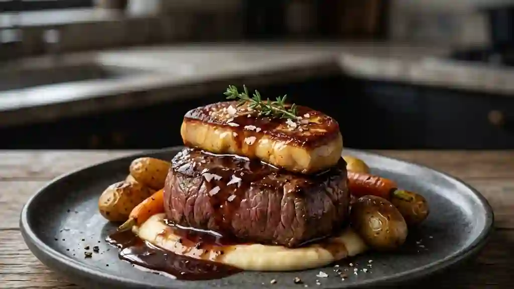 Fondant de bison au vin rouge et foie gras poêlé - Photo de présentation