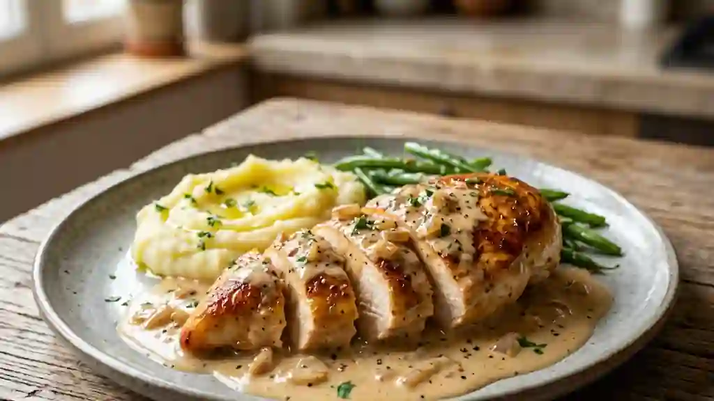 Poulet au cognac : crème soyeuse et flambage - Photo de présentation