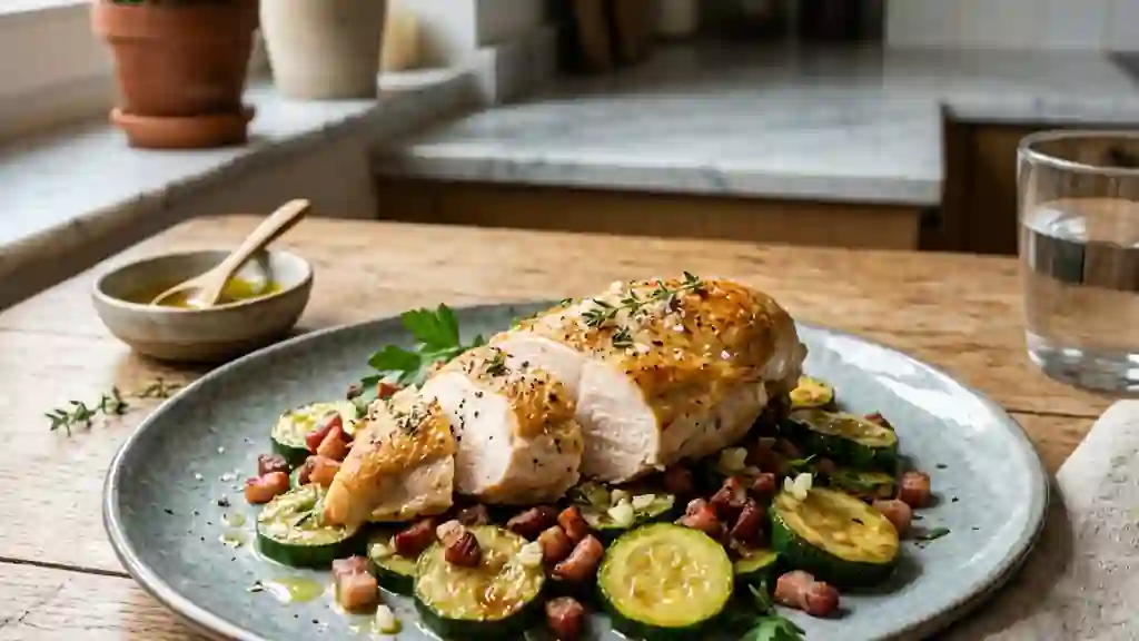 Poulet doré, courgettes et lardons croustillants - Photo de présentation