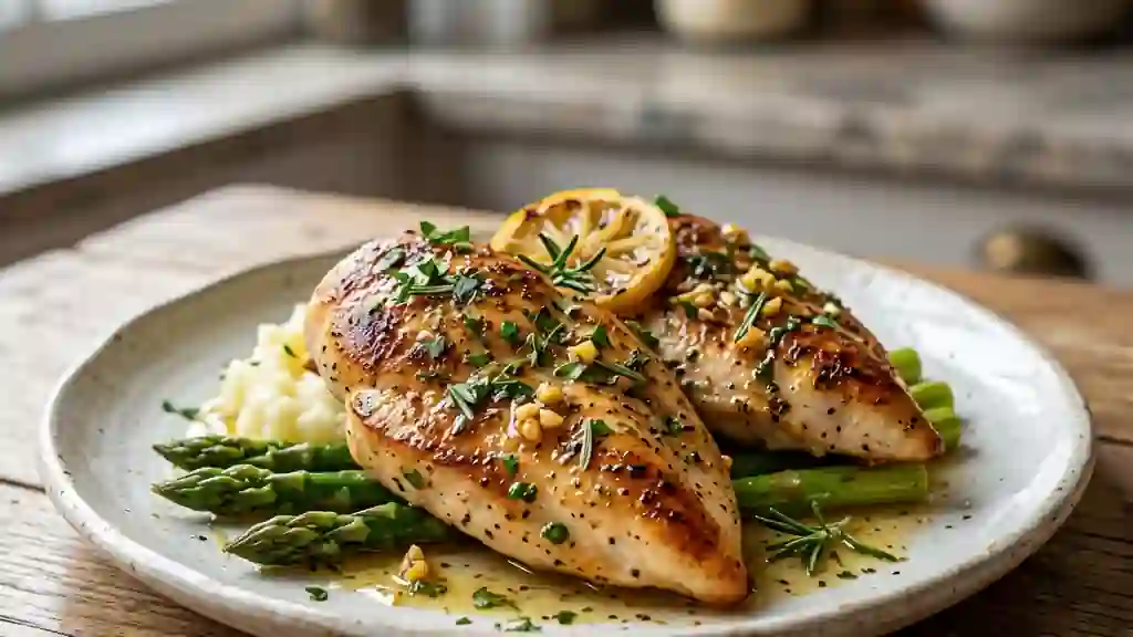 Poulet doré au citron et romarin frais - Photo de présentation