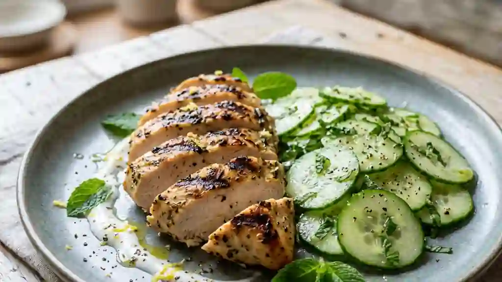 Poulet mariné au yaourt et fraîcheur concombre - Photo de présentation