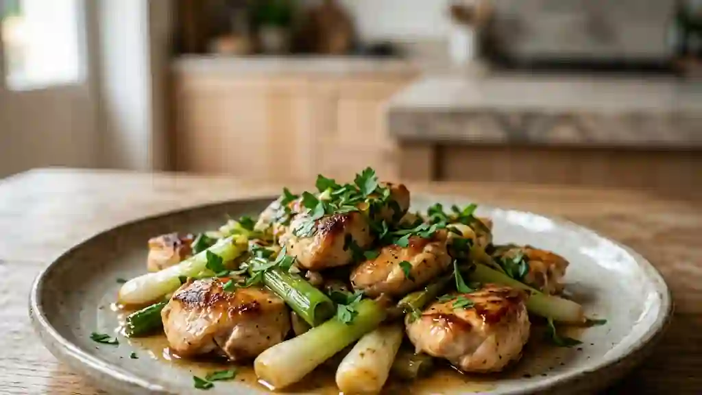 Poulet doré et oignons nouveaux fondants - Photo de présentation
