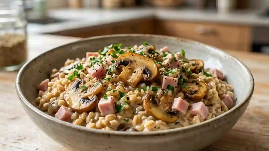Blé crémeux aux champignons et jambon fondant - Photo de présentation