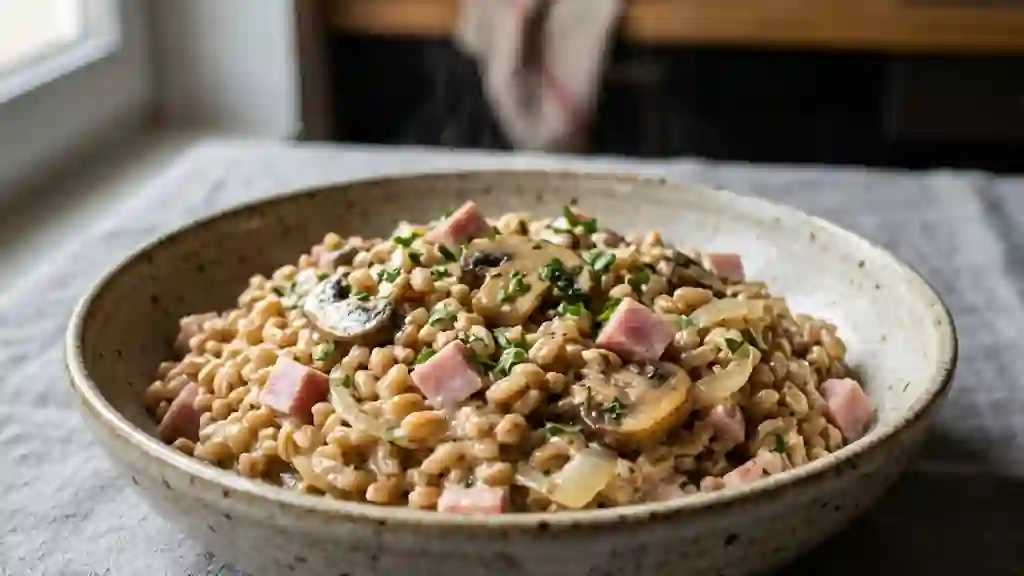 Blé crémeux aux champignons et jambon fondant - Photo de présentation