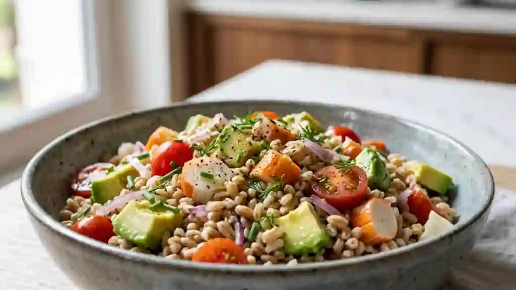 Blé perlé, avocat fondant et surimi frais - Photo de présentation