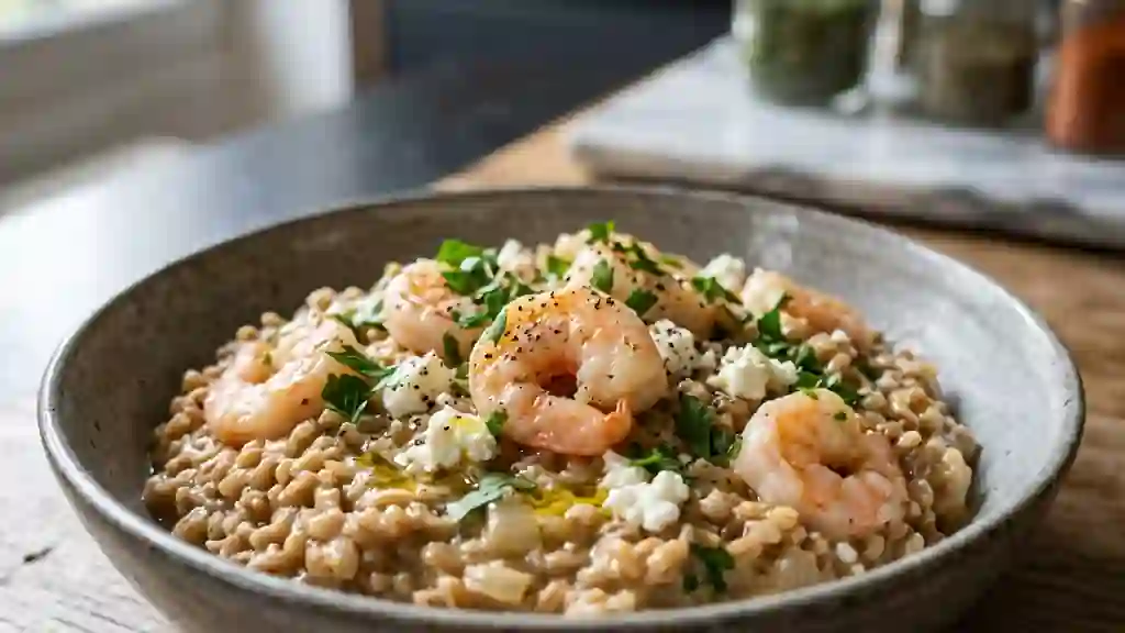 Blésotto fondant aux crevettes et féta - Photo de présentation