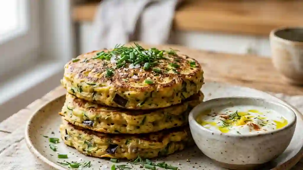 Blinis de légumes à l'ail, tendres et dorés - Photo de présentation