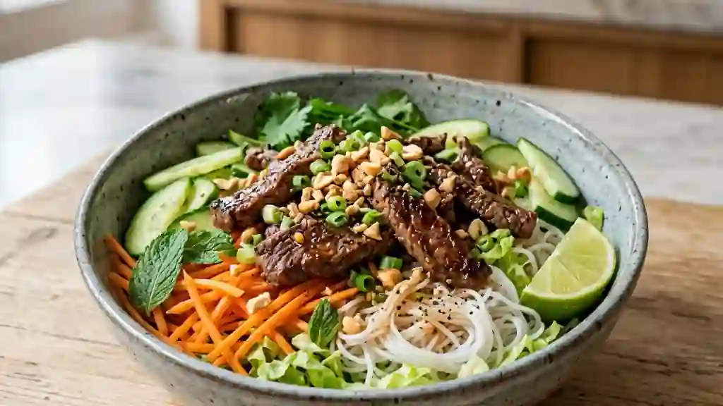 Bo Bun au bœuf sauté et herbes fraîches - Photo de présentation